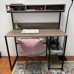 Brown wooden style desk with shelving